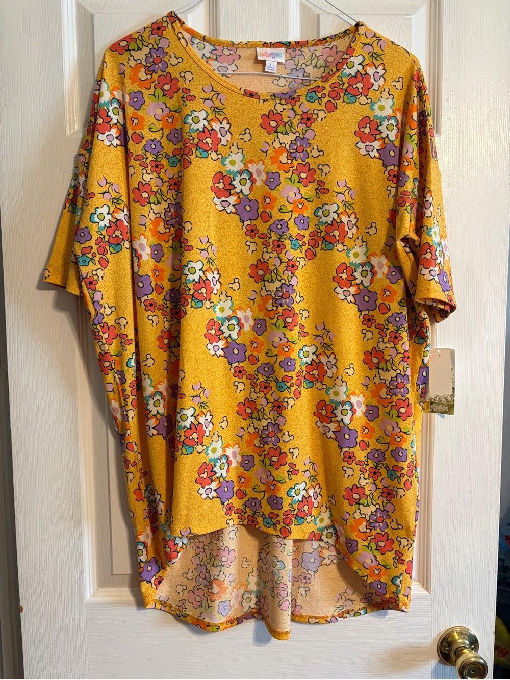 LuLaRoe Disney Irma Tunic Shirt Womens L Yellow Floral Hidden Mickey Mouse Top